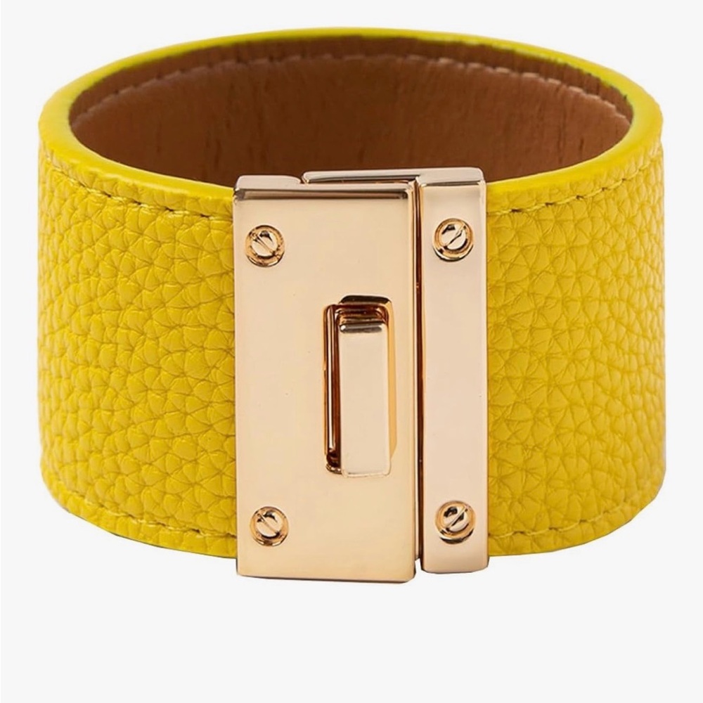 Sunny Yellow Vegan Leather Cuff Bracelet with Gold Clasp